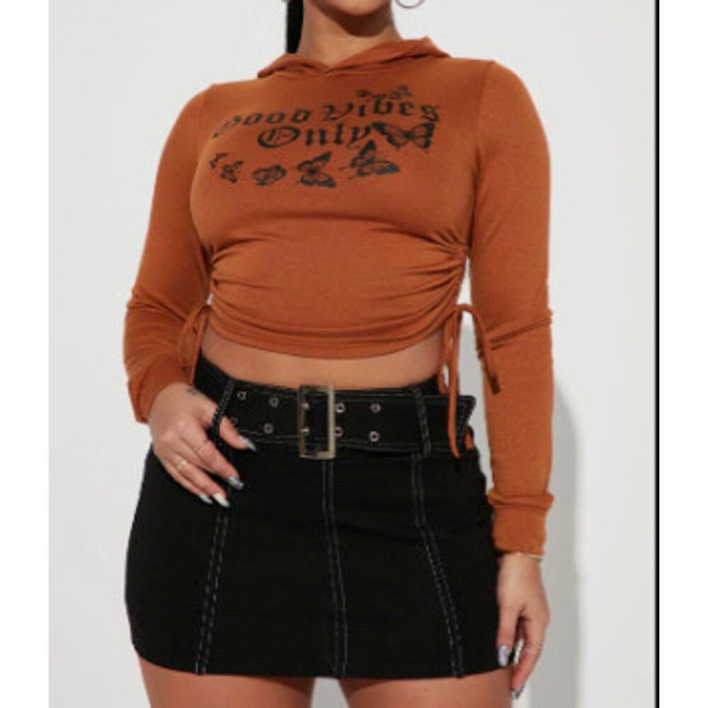 Fashion Nova Women's Hoodie Sweatshirt Cropped Long Sleeve Brown Size Small